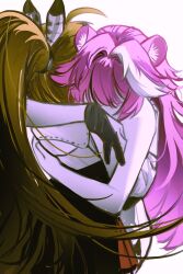 2girls absurdres ahoge animal_ears brown_hair covered_eyes feather_hair_ornament feathers hair_intakes hair_ornament highres hololive hololive_english hug long_hair multicolored_hair multiple_girls nanashi_mumei panther_girl pink_hair ponytail pungson_mori raora_panthera skirt streaked_hair virtual_youtuber white_background white_skirt