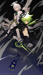 2boys abs absurdres aleo angel aotu_world artist_name belt black_belt black_boots black_gloves black_pants black_shirt boots closed_mouth crop_top electricity fighting_stance fingerless_gloves gloves greatsword green_eyes green_hair grin gun hair_between_eyes halo highres holding holding_gun holding_sword holding_weapon jewelry long_hair long_sleeves looking_at_viewer low_ponytail male_focus midriff multiple_boys navel official_art pants pointy_ears ponytail ring shirt short_hair smile spiked_hair stomach sword teeth third-party_source turtleneck waist_cape watermark weapon web_address white_hair white_pants white_shirt xander_(aotu_world) yellow_eyes zain_(aotu_world)