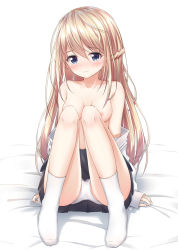 Rule 34 | 1girl, akira (been0328), arm support, arms at sides, bad id, bad pixiv id, bed, bed sheet, black skirt, blonde hair, blue eyes, blush, braid, breasts, cleavage, collarbone, female focus, head tilt, highres, legs together, long hair, looking at viewer, medium breasts, nipples, no bra, off shoulder, original, panties, pantyshot, pleated skirt, school uniform, shirt, side braid, sitting, skirt, socks, solo, underwear, white panties, white shirt, white socks