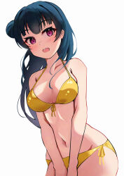 1girl :d bikini blue_hair blush breasts cleavage collarbone fang gold_bikini hair_bun highres long_hair looking_at_viewer love_live! love_live!_sunshine!! medium_breasts navel open_mouth pisagi purple_eyes side-tie_bikini_bottom sidelocks simple_background smile solo standing swimsuit teeth tsushima_yoshiko upper_teeth_only white_background