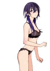 Rule 34 | 1girl, bra, breasts, cleavage, cowboy shot, hair between eyes, ichinose uruha, lace, lace-trimmed bra, lace-trimmed panties, lace trim, lingerie, long hair, looking at viewer, lupinus virtual games, multicolored hair, panties, parted lips, purple eyes, simple background, solo, streaked hair, underwear, underwear only, uwanosora000, virtual youtuber, vspo!, white background