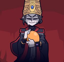 1girl amber_(gemstone) black_hair blue_robe closed_eyes closed_mouth commentary crossover egg elden_ring english_commentary gem hat helltaker highres holding holding_egg nervous nervous_sweating pale_skin parody red_background rennala_queen_of_the_full_moon robe shi_ling_yu simple_background solo style_parody sweat vanripper_(style) wizard_hat