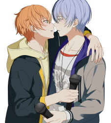 2boys aoyagi_touya arm_around_shoulder black_jacket blue_hair brown_eyes collarbone commentary drawstring earrings eye_contact fingernails grey_eyes grey_jacket hashtag-only_commentary highres holding holding_microphone hood hood_down hoodie imminent_kiss jacket jewelry long_sleeves looking_at_another male_focus microphone multicolored_hair multiple_boys open_clothes open_jacket open_mouth orange_hair parted_bangs parted_lips piercing profile project_sekai ray_(lthenray) shinonome_akito short_hair simple_background smile split-color_hair streaked_hair stud_earrings teeth two-sided_fabric two-sided_jacket upper_body white_background yaoi yellow_hoodie