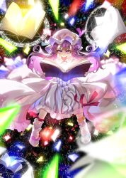 1girl book calpis118 commentary_request crescent crescent_hat_ornament danmaku dress glowing hat hat_ornament highres holding holding_book long_hair looking_at_viewer magic magic_circle mob_cap open_book patchouli_knowledge pink_hat purple_eyes purple_hair solo striped_clothes striped_dress touhou vertical-striped_clothes vertical-striped_dress very_long_hair