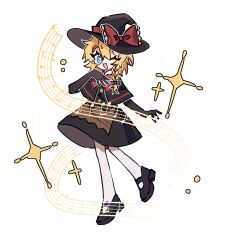 1girl absurdres apron artist_request black_capelet black_gloves black_hat black_shoes black_skirt black_vest blonde_hair blue_eyes bow bowtie braid bright_pupils brown_apron buttons capelet commission cookie_(touhou) elbow_gloves extra_mouth full_body gloves hair_between_eyes hair_bow hat hat_bow highres kirisame_marisa looking_at_viewer meguru_(cookie) mole musical_note musical_staff one_eye_closed open_mouth pantyhose red_bow red_bowtie second-party_source shoes short_hair side_braid single_braid skirt skirt_set smile solo sparkle touhou transparent_background vest waist_apron white_pantyhose white_pupils witch_hat
