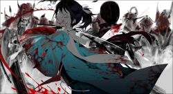 2boys attack battle black_hair blood blood_on_face blood_splatter blood_on_clothes bloody_weapon blue_eyes crazy_eyes group_battle haori hidden_face holding holding_sword holding_weapon japanese_clothes kashuu_kiyomitsu katana long_hair male_focus mole mole_under_eye multiple_boys mzet pale_skin ponytail scarf sheath slashing sword torn_clothes torn_scarf touken_ranbu uchigatana weapon white_scarf wide-eyed yamato-no-kami_yasusada