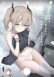 1girl absurdres bed black_shirt blush brown_hair covering_breasts covering_privates green_eyes henzer highres long_hair looking_at_viewer looking_up navel original panties pillow shirt sitting smile solo thighhighs thighs topless_female translation_request twintails underwear unworn_shirt white_panties white_thighhighs
