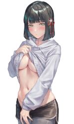 1girl black_hair blunt_bangs blunt_ends bob_cut breasts cleavage clothes_lift clothes_pull cowboy_shot dolphin_shorts flower flower_knot grey_leggings hair_flower hair_ornament highres hood hoodie hoodie_lift large_breasts leggings leggings_pull leggings_under_shorts lifting_own_clothes link!_like!_love_live! long_sleeves looking_at_viewer love_live! momose_ginko momose_ginko_(summer_training_wear) navel no_bra no_panties official_alternate_costume pulling_own_clothes saidamoosu short_hair shorts shorts_pull simple_background solo standing stomach virtual_youtuber white_background white_flower white_hoodie