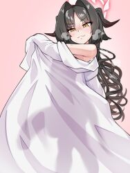 1futa black_hair blue_archive closed_mouth demon_horns demon_tail futanari hair_intakes halo highres horns huge_penis huge_testicles kasumi_(blue_archive) lab_coat long_hair long_sleeves looking_at_viewer penis penis_silhouette pink_background see-through_silhouette silhouette simple_background sirachi sleeves_past_fingers sleeves_past_wrists smile solo standing steaming_body tail testicles yellow_eyes