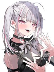 1girl ahoge asumi_sena asumi_sena_(3rd_costume) black_collar black_dress cattleya_regina_games collar cross_hair_ornament dow_suitable dress earrings four-finger_heart_hands hair_ornament heart heart_hands highres jewelry multicolored_hair nape open_mouth pendant_collar pink_eyes see-through_clothes see-through_sleeves simple_background solo streaked_hair teeth twintails upper_body upper_teeth_only virtual_youtuber vspo! white_background white_hair