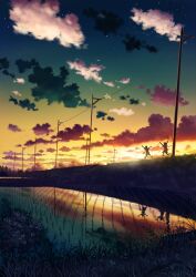 2boys absurdres arms_up bush butterfly_net cloud commentary_request dusk field gradient_sky grass hand_net highres holding holding_butterfly_net male_focus multiple_boys net original outdoors pei_(sumurai) photoshop_(medium) power_lines reflection running scenery silhouette sky star_(sky) starry_sky sunset tree utility_pole