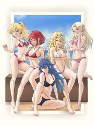 5girls :d absurdres barefoot blonde_hair blue_eyes blue_hair blue_sky breasts chest_jewel cleavage closed_mouth clothes_pull cloud collarbone commentary crossover day earrings elf english_commentary fire_emblem fire_emblem_awakening hand_up highres jewelry knee_up large_breasts long_hair looking_at_viewer lower_teeth_only lucina_(fire_emblem) mario_(series) medium_breasts multiple_crossover multiple_girls mythra_(xenoblade) navel nintendo one-piece_swimsuit_pull open_mouth pointy_ears pomelomelon ponytail princess_peach princess_zelda pyra_(xenoblade) red_eyes red_hair sideboob sitting sky small_breasts smile standing stomach super_mario_bros._1 swept_bangs teeth the_legend_of_zelda the_legend_of_zelda:_a_link_between_worlds tiara toes underboob xenoblade_chronicles_(series) xenoblade_chronicles_2 yellow_eyes