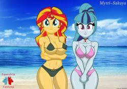 2girls beach bikini blue_skin blunt_bangs breasts cleavage colored_skin cowboy_shot day green_bikini green_hair hasbro high_ponytail highres large_breasts micro_bikini multiple_girls my_little_pony my_little_pony:_equestria_girls my_little_pony:_friendship_is_magic mytri-sakuya off-topic orange_skin outdoors own_hands_together ponytail purple_bikini red_hair self-upload smile sonata_dusk sonata_dusk_(human) standing string_bikini sunset_shimmer sunset_shimmer_(human) swimsuit tagme toned toned_female wide_hips