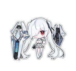 1girl bodysuit breasts chibi cinderella_(nikke) cleavage cleavage_cutout clothing_cutout drop_shadow floating floating_object floating_weapon full_body gloves goddess_of_victory:_nikke hair_over_one_eye hand_up long_hair looking_at_viewer machinery momori_sensei navel navel_cutout outline red_eyes simple_background solo thigh_cutout turtleneck twintails very_long_hair weapon white_background white_hair white_outline