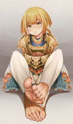 1girl absurdres barefoot blonde_hair braid feet highres long_hair looking_at_viewer ofu_(71507545) original single_braid smile soles stirrup_legwear toeless_legwear toes yellow_eyes