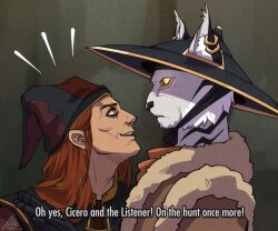 2boys alanide animal_ear_piercing animal_ears black_hat cicero_(skyrim) english_text from_side furry furry_male hat highres jester_cap khajiit looking_at_another multiple_boys orange_hair red_hat subtitled the_elder_scrolls the_elder_scrolls_v:_skyrim two-tone_hat upper_body white_fur