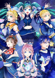 2boys 4girls absurdres aqua_hair arm_tattoo arms_up blonde_hair blue_choker blue_dress blue_eyes blue_hair blue_jacket blue_nails blue_shirt blue_skirt blue_thighhighs blush braid breasts brother_and_sister brown_eyes brown_hair choker closed_mouth crop_top detached_sleeves dress earrings green_eyes hair_between_eyes hair_ornament hatsune_miku heart heart_earrings highres jacket jewelry kagamine_len kagamine_rin kaito_(vocaloid) ktfd5884 long_hair long_sleeves looking_at_viewer magical_mirai_(vocaloid) magical_mirai_kaito magical_mirai_kaito_(2025) magical_mirai_len magical_mirai_len_(2025) magical_mirai_luka magical_mirai_luka_(2025) magical_mirai_meiko magical_mirai_meiko_(2025) magical_mirai_miku magical_mirai_miku_(2025) magical_mirai_rin magical_mirai_rin_(2025) medium_breasts megurine_luka meiko_(vocaloid) midriff multiple_boys multiple_girls navel number_tattoo official_alternate_costume official_alternate_hairstyle open_mouth orange_sailor_collar pink_hair plaid_clothes plaid_shirt sailor_collar see-through_clothes see-through_sleeves shirt short_sleeves siblings skirt sky small_stellated_dodecahedron smile star_(sky) star_(symbol) star_hair_ornament starry_sky stomach tattoo thighhighs twin_braids twintails very_long_hair vocaloid yellow_nails