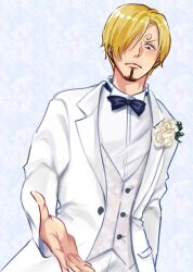 1boy blonde_hair blush cowboy_shot curly_eyebrows facial_hair goatee goatee_stubble hair_over_one_eye highres ko_tori0 looking_at_viewer male_focus mustache one_piece sanji_(one_piece) short_hair solo stubble tuxedo