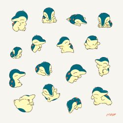 Rule 34 | body fur, closed eyes, cyndaquil, full body, gen 2 pokemon, green fur, highres, macco0928, multiple views, nintendo, no humans, pokemon, pokemon (creature), signature, simple background, white background, yellow fur