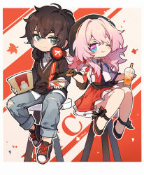 1boy 1girl ankle_bow ankle_ribbon artist_name beret black_bow black_footwear black_gloves black_headwear black_shirt blue_eyes blush bow cat_princess chinese_commentary collar commentary_request cropped_jacket cup dan_heng_(honkai:_star_rail) dan_heng_(kfc)_(honkai:_star_rail) deformed detached_collar disposable_cup drink earrings food gloves hat headphones headphones_around_neck high_heels holding holding_drink holding_food honkai:_star_rail honkai_(series) jacket jewelry layered_skirt leg_ribbon march_7th_(honkai:_star_rail) march_7th_(kfc)_(honkai:_star_rail) medium_hair miniskirt multicolored_eyes multicolored_jacket off-shoulder_jacket off-shoulder_shirt off_shoulder official_alternate_costume one_eye_closed pink_eyes pink_hair pumps red_jacket red_skirt ribbon shirt short_sleeves single_earring single_glove skirt tongue tongue_out two-tone_eyes white_collar white_jacket white_skirt