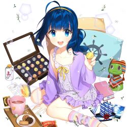 1girl ahoge blue_eyes blue_hair blunt_bangs coin cup dress food hairband holding holding_coin long_hair nina_voyage open_mouth purple_dress salt_(salty) sitting sweets uchi_no_hime-sama_ga_ichiban_kawaii wariza