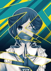 1boy 1girl anonymous_(japanese) backpack bag collarbone frilled_shirt frills fukurai_azami highres looking_at_viewer meguriya_ayumu monochrome open_mouth shirt short_hair smile split_theme spot_color straight-on toshi_densetsu_kaitai_center triangle_necklace upper_body