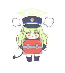 1girl ayanoburuaka black_hat blue_archive box chibi closed_mouth demon_tail full_body green_hair green_halo halo hat hikari_(blue_archive) long_hair long_sleeves looking_at_viewer peaked_cap puff_of_air simple_background solo standing tail white_background yellow_eyes