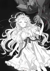 1boy 1girl absurdres dress ender_lilies_quietus_of_the_knights expressionless facial_mark forehead_mark hair_spread_out highres jewelry knight lily_(ender_lilies) long_hair looking_at_viewer lying masu0o0 monochrome necklace on_back sketch solo_focus spot_color umbral_knight_(ender_lilies)