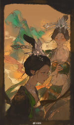 2girls absurdres black_border black_eyes black_hair border chinese_clothes chinese_hairpin closed_eyes cowboy_shot crop_top facial_mark flower flower_facial_mark forehead_mark green_hanfu green_robe green_skirt green_tube_top hair_flower hair_ornament hand_fan hanfu highres holding holding_fan jewelry light_blush long_sleeves looking_ahead mei_ren midriff mountain multiple_girls necklace original outdoors parted_lips robe short_hair skirt skirt_set smile strapless sunset topknot tuanshan tube_top updo upper_body watermark weibo_watermark white_flower