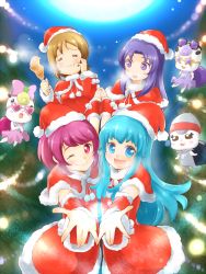 10s 4girls aino_megumi alternate_costume arakawa_tarou blue_eyes blue_hair blush brown_hair christmas dress eating eyelashes closed_eyes gurasan_(happinesscharge_precure!) happinesscharge_precure! happy hat highres hikawa_iona long_hair looking_at_viewer mascot multiple_girls one_eye_closed oomori_yuuko open_mouth phanphan_(happinesscharge_precure!) phantom_(happinesscharge_precure!) pink_eyes pink_hair ponytail precure purple_eyes purple_hair ribbon_(happinesscharge_precure!) santa_costume santa_hat shirayuki_hime short_hair smile