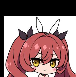 1girl :&lt; animal_ear_hairband animal_ears black_leotard black_pantyhose black_ribbon blush breasts chibi chibi_only cleavage closed_mouth covered_navel curly_sidelocks deformed derauea detached_collar fake_animal_ears game_cg hair_intakes hair_ribbon hairband highleg large_breasts leotard looking_at_viewer meamea_fo_rusalka motto!_haramase!_honoo_no_oppai_isekai_oppai_bunny_gakuen! necktie non-web_source official_art pantyhose playboy_bunny rabbit_ear_hairband rabbit_ears red_hair red_necktie ribbon shoes sitting solo star_(symbol) star_in_eye strapless strapless_leotard symbol_in_eye transparent_background twintails wariza white_hairband white_wrist_cuffs wrist_cuffs yellow_eyes