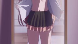 1girl ahoge animated anime_screenshot black_bra bra flat_chest green_eyes highres loli long_hair mirror nukigee_mitai_na_shima_ni_sunderu_watashi_wa_dou_surya_ii_desu_ka? open_clothes open_shirt pink_hair reflection school_uniform shirt skirt sound standing subtitled tagme thighs underwear video watarai_hinami white_shirt