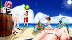 Rule 34 | 4girls, ball, barrel, beach, blue sky, bottle, breasts, capcom, cilica, circa (monster hunter), cloud, flora (monster hunter), frau (monster hunter), monster hunter (series), monster hunter frontier, multiple girls, natasha (monster hunter), one-piece swimsuit, pink hair, poogie, rioduo (armor), sand castle, sand sculpture, school swimsuit, sky, swimsuit, thong, topfreedom, topless female, twintails, white one-piece swimsuit, white school swimsuit