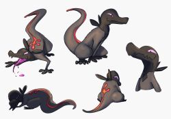 commentary english_commentary gen_7_pokemon highres multiple_views nintendo no_humans notaventura pokemon pokemon_(creature) procreate_(medium) purple_eyes salandit simple_background tongue tongue_out white_background