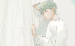 1boy absurdres aged_down alien_stage choker commentary drawing_(action) grey_eyes grey_hair hand_on_wall highres holding holding_pencil long_sleeves male_focus pencil seppuku009 shirt short_hair solo till_(alien_stage) white_choker white_shirt