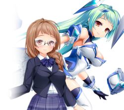 1girl antenna_hair black_gloves black_jacket blazer blue_bow blush boots bow braid breasts brown_eyes brown_hair cleavage collared_shirt exs-tia_aqua frills glasses gloves green_hair hair_over_shoulder headgear jacket kamitsurugi_ouka kouyoku_senki_exs-tia_concert kunijima_chiaki large_breasts leotard long_hair looking_at_viewer mecha_musume medium_breasts multiple_views official_art orange_eyes plaid_bow plaid_clothes plaid_skirt pleated_skirt purple_skirt red_eyes school_uniform shirt single_braid skirt smile thigh_boots thighhighs white_background white_leotard white_shirt