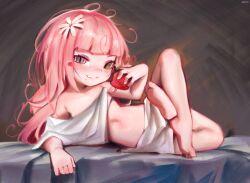 1girl apple barefoot closed_mouth fang fang_out flat_chest flower food fruit full_body grey_eyes hair_flower hair_ornament heterochromia highres holding holding_food holding_fruit loli long_hair looking_at_viewer lying najucaju_naju navel on_side original pink_hair solo toes yellow_eyes