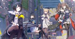 4girls angelina_(arknights) arknights arknights:_endfield black_hair black_pantyhose black_thighhighs blonde_hair brown_hair chen_qianyu_(arknights) dragon_horns drink endministrator_(arknights) female_endministrator_(arknights) highres horns looking_at_viewer maria_(syake-uni) multiple_girls outdoors pantyhose perlica_(arknights) smile squatting thighhighs v