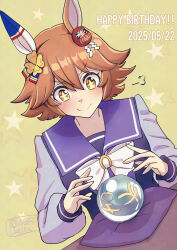 1girl adversarial_noise animal_ears blush bow bowtie closed_mouth clover crystal_ball daruma_doll dated four-leaf_clover happy_birthday hi_(ibisf5umauma) highres horse_ears long_sleeves matikanefukukitaru_(umamusume) orange_hair pillow puff_of_air purple_shirt sailor_collar school_uniform shirt short_hair smile solo split_mouth star_(symbol) tracen_school_uniform twitter_username umamusume upper_body v-shaped_eyebrows yellow_background yellow_eyes