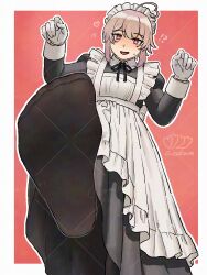 !? 1girl ahoge aotakana apron artist_name black_dress black_ribbon blush border commentary commission dress english_commentary eyelashes feet foot_focus foot_out_of_frame foreshortening frilled_apron frills gloves grey_border hands_up heart heart_ahoge highres juliet_sleeves long_dress long_sleeves looking_at_viewer maid maid_apron maid_headdress neck_ribbon no_shoes open_mouth original pink_background pink_hair puffy_sleeves red_eyes ribbon sidelocks signature soles solo standing standing_on_one_leg stepped_on sweatdrop toe_seam toes vgen_commission white_apron white_gloves