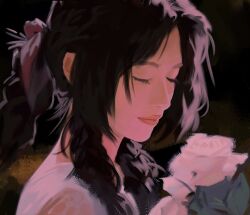 1girl aerith_gainsborough braid braided_ponytail brown_hair closed_mouth final_fantasy final_fantasy_vii flower hair_ribbon holding holding_flower jeseni light_smile long_hair parted_bangs pink_flower pink_ribbon pink_rose realistic ribbon rose sidelocks single_braid solo upper_body