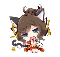 1girl animal_costume animal_ears aqua_eyes bare_legs black_ribbon blunt_bangs boots brown_hair cable cat_costume cat_ears cat_tail chibi collar detached_collar dress fang frilled_dress frills hair_ribbon half-closed_eyes head_tilt high_heel_boots high_heels holding holding_microphone idol idolmaster idolmaster_cinderella_girls kemonomimi_mode kneeling light_blush long_dress lowres maekawa_miku microphone miniskirt music necktie open_mouth paw_print paw_print_pattern pencil_skirt ponytail puffy_short_sleeves puffy_sleeves red_dress red_necktie red_skirt ribbon short_hair short_ponytail short_sleeves simple_background singing skirt skirt_under_dress smile solo swept_bangs tail toy_mouse two-tone_ribbon usoneko vest white_background white_boots white_collar white_vest yellow_ribbon