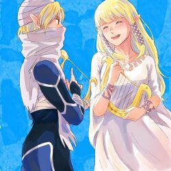 2girls ^_^ androgynous bandaged_arm bandaged_fingers bandages blonde_hair blue_background blue_bodysuit blue_eyes blunt_bangs blush bodysuit bracelet breasts cloak closed_eyes collarbone covered_mouth cowboy_shot dress dual_persona hair_ribbon hand_up harp highres instrument jewelry long_hair long_sleeves looking_at_another lyre mask medium_breasts mouth_mask multiple_girls nintendo open_mouth pointy_ears princess_zelda profile reverse_trap ribbon sarashi sheik sidelocks so_far_69 the_legend_of_zelda the_legend_of_zelda:_ocarina_of_time the_legend_of_zelda:_skyward_sword tress_ribbon turban white_cloak white_dress