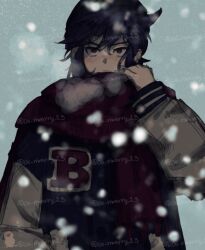 Rule 34 | 1boy, alternate costume, black hair, blush, casual, closed mouth, contemporary, crazy smile, dark pit, empty eyes, hair between eyes, jacket, kid icarus, kid icarus uprising, ko iwari ngo, letterman jacket, light frown, looking at viewer, male focus, nintendo, nose blush, puff of air, red eyes, smile, solo, too many watermarks, twitter username, upper body, watermark, winter