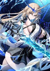 1girl armored_gloves artist_name black_dress blonde_hair blue_eyes blue_hair breast_curtains breasts commentary crown_of_thorns dress earrings english_commentary fleurdelys_(wuthering_waves) floating_earrings highres hiroki_(hirokiart) holding holding_sword holding_weapon horns huge_breasts jewelry long_hair long_horns looking_at_viewer parted_lips pointy_ears sidelocks single_horn solo sword tacet_mark_(wuthering_waves) thighs very_long_hair weapon wuthering_waves yellow_horns