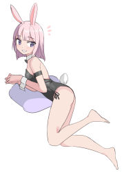 1girl animal_ears armband bare_legs barefoot black_leotard blunt_bangs breasts detached_collar full_body highres leotard looking_at_viewer lying medium_hair on_side original own_hands_together parted_lips pillow pink_hair playboy_bunny purple_hair rabbit_ears rabbit_girl rabbit_tail saiste simple_background small_breasts smile solo tail white_background wrist_cuffs