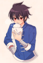 1boy amithi steamed_bun brown_hair chinese_clothes cropped_torso food hand_on_own_hip highres holding holding_food looking_at_viewer male_focus nintendo red_eyes short_hair smile solo steam warioware wrist_cuffs young_cricket