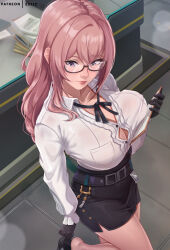 1girl adjusting_footwear bare_legs black-framed_eyewear black_footwear black_gloves black_ribbon black_skirt breasts clipboard closed_mouth collarbone collared_shirt commentary english_commentary exlic from_above glasses gloves highres holding holding_clipboard id_card indoors large_breasts legs long_hair long_sleeves looking_down neck_ribbon patreon_username pink_eyes pink_hair ribbon semi-rimless_eyewear shirt sidelocks skirt solo tsukishiro_yanagi white_shirt zenless_zone_zero