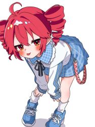 1girl ahoge alternate_costume bent_over black_ribbon blue_shoes blue_skirt blush double_vertical_stripe drill_hair highres kasane_teto long_sleeves looking_at_viewer miniskirt neck_ribbon plaid_clothes plaid_skirt red_eyes red_hair ribbon shirt shoes simple_background skirt sneakers socks solo standing tongue tongue_out twin_drills utau vvv_fnk white_background white_shirt white_socks