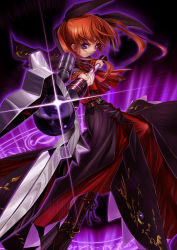 Rule 34 | 00s, 1girl, alternate costume, alternate weapon, bad id, bad pixiv id, bow, brown hair, dark nanoha, dark persona, female focus, highres, long hair, lyrical nanoha, magic circle, magical girl, mahou shoujo lyrical nanoha, mahou shoujo lyrical nanoha strikers, purple eyes, raising heart, raising heart (buster mode), red bow, red hair, solo, staff, takamachi nanoha, tom (1art.), twintails, weapon, white devil